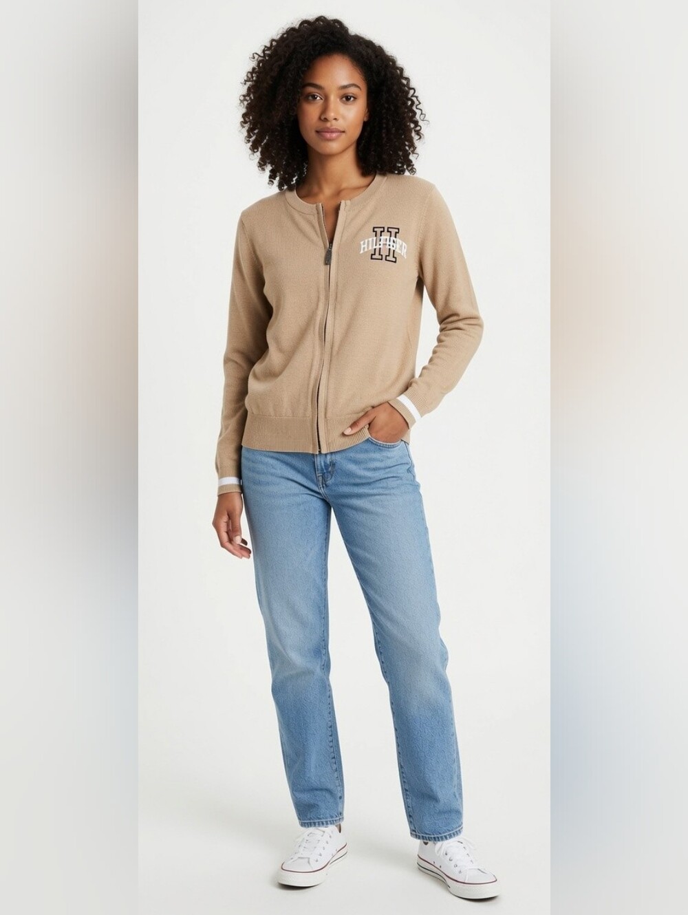 Agnes B Homme Hilfiger Collab Full Zip Cardigan Sweater Camel Womens Large